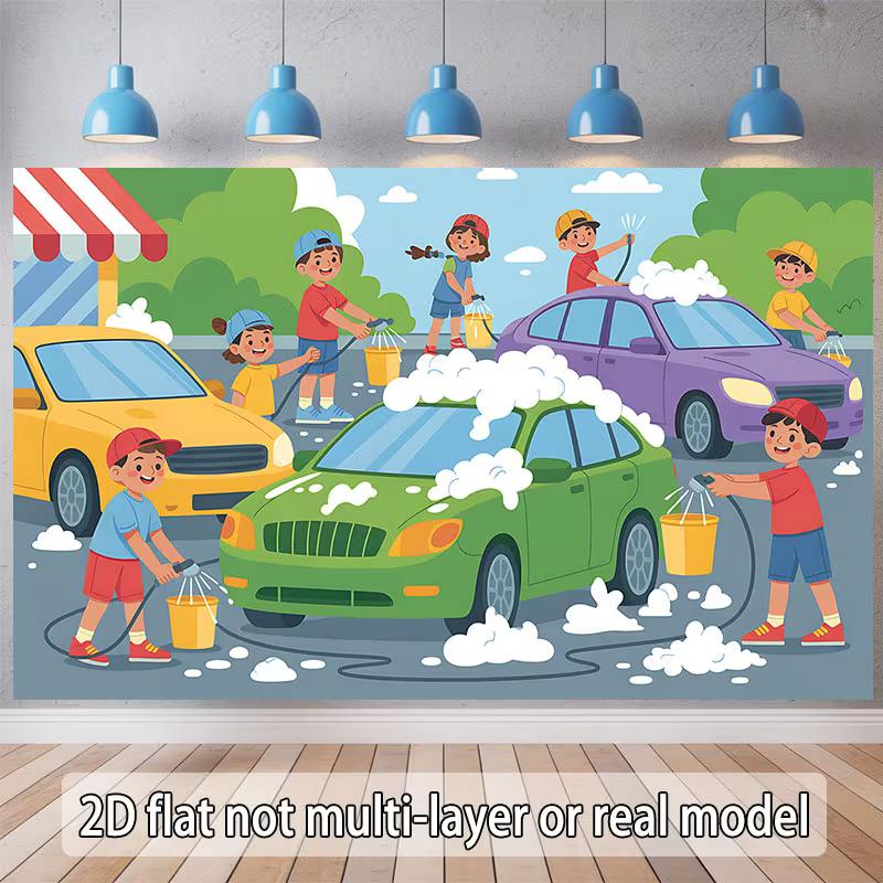 

2D Cartoon Car Wash Tapestry Children Washing Cars in Summer Nursery Room Wall Hanging 47.2x31.5inch/120*80cm