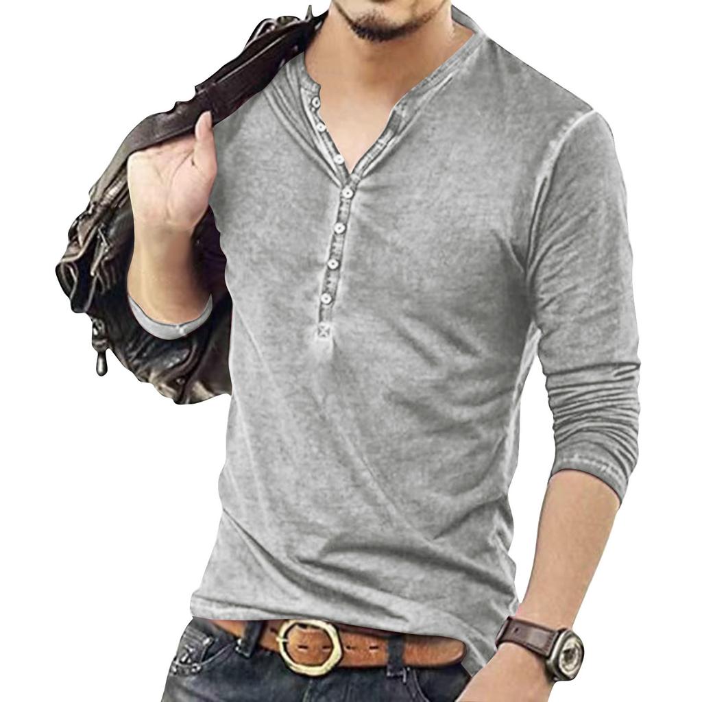 Men's Solid Color Long Sleeve Button Collar Long Sleeve T-Shirt Men's Casual Fashion Top