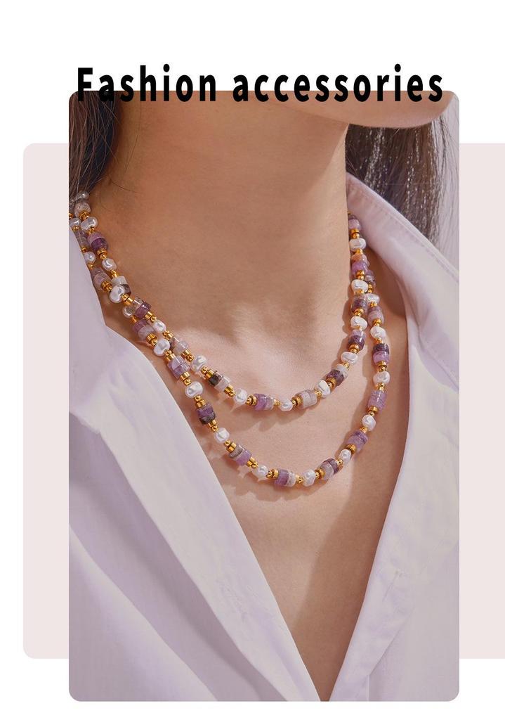 Qiong Yao French Retro Necklace with Natural Stone, Shell Beads, and Purple Crystal Titanium Steel