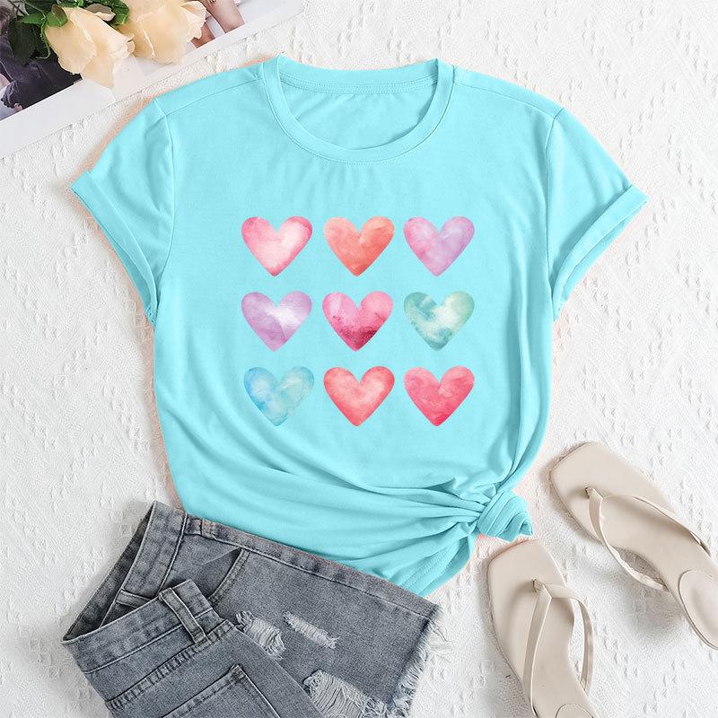 Summer Women's Plus Size Color Heart Print Loose Round Neck Casual Pure Cotton Short Sleeved T-shirts Women's