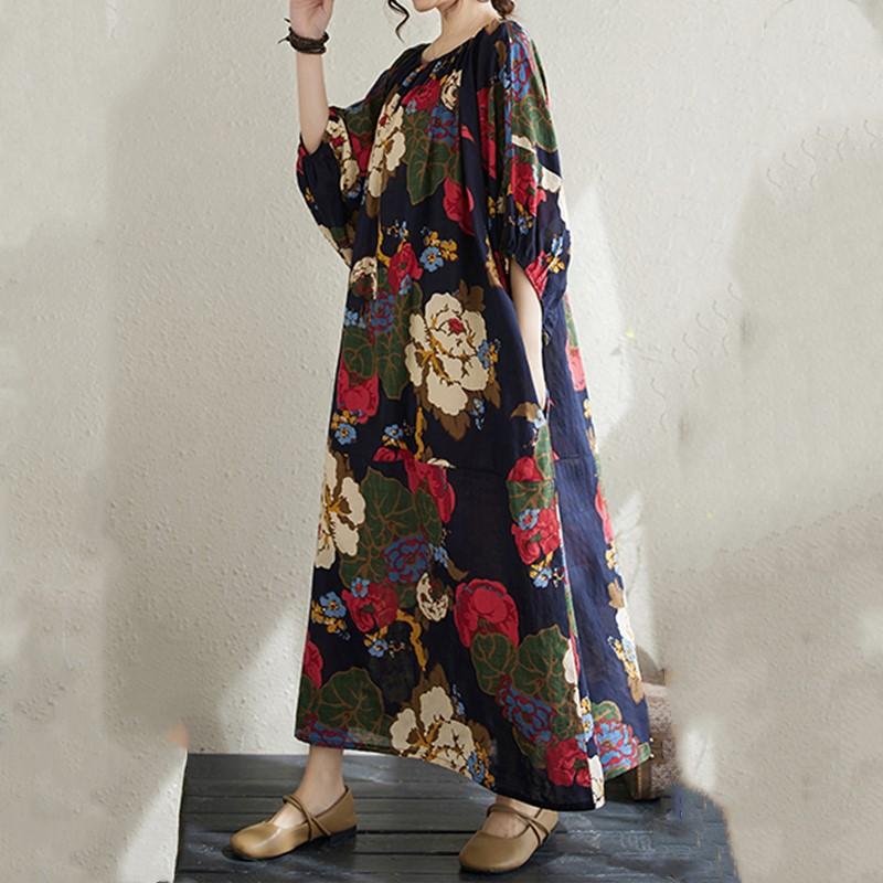 Krátký rukáv Velké bavlněné vintage květinové nové šaty pro ženy ležérní volné dlouhé letní šaty