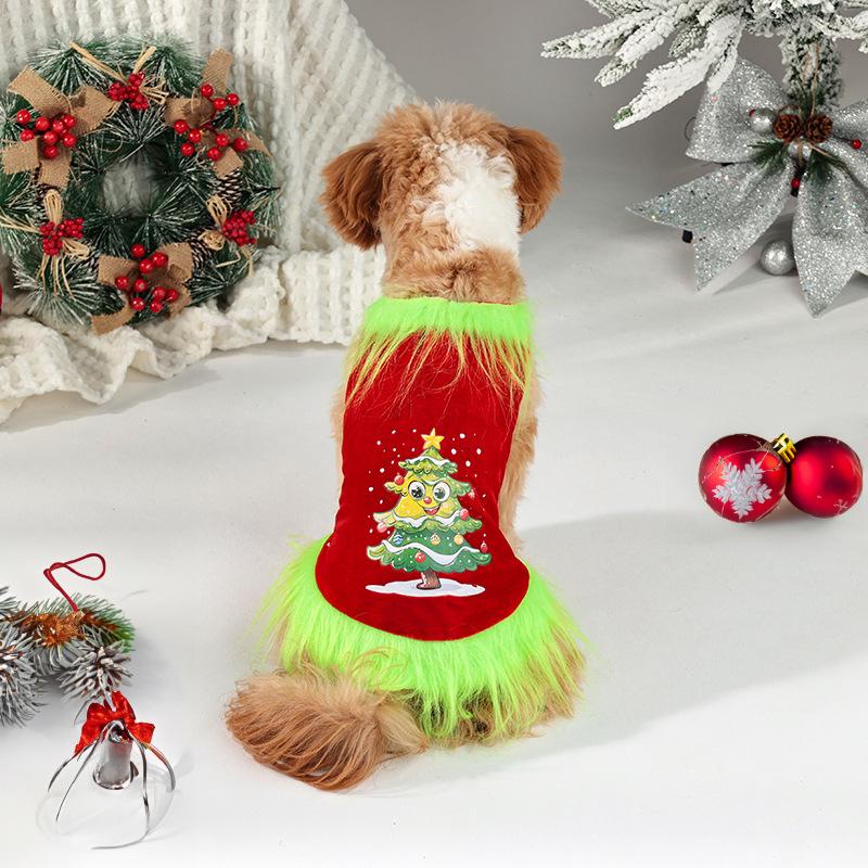 Green Haired Strange Christmas Dress Gold Velvet Fabric Christmas Tree Print Pet Party Christmas Clothes