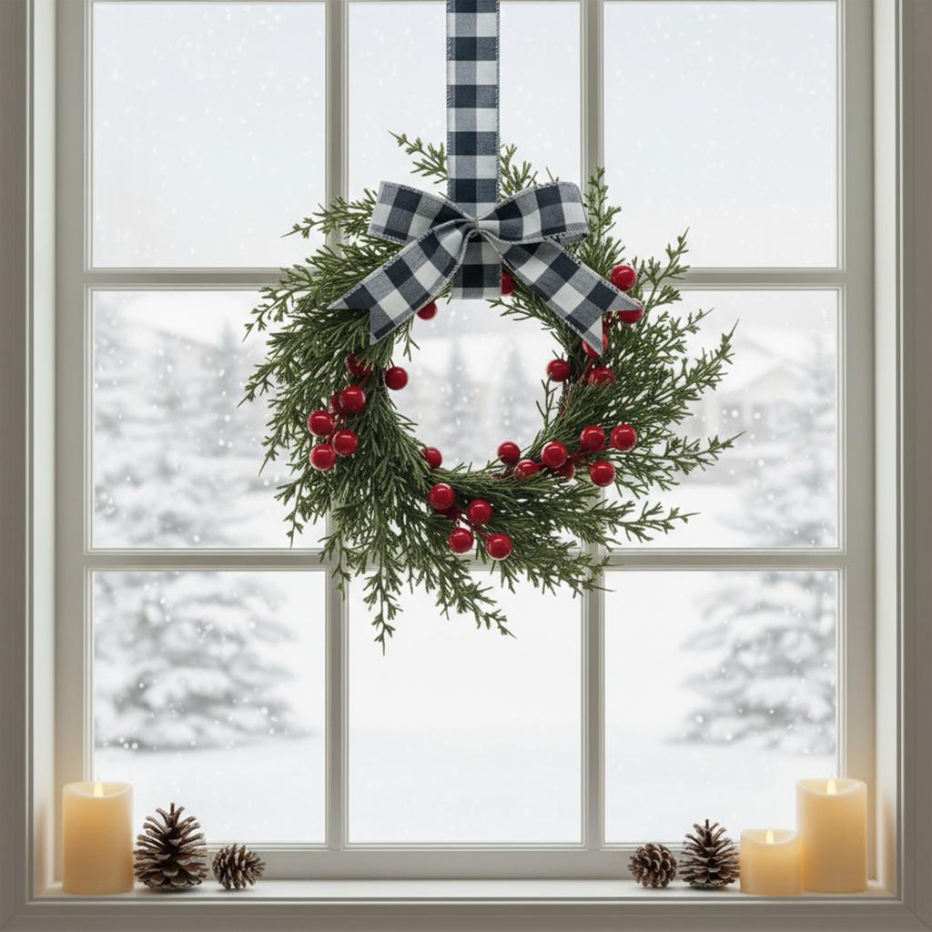 10 Zoll Mini-Weihnachtskranz mit Schleifen Kleine Rattankranz-Weihnachts-Küchenschrank-Girlanden für Fensterwand-Haustür-Dekoration