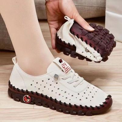 Rubber Breathable Flat Shoes Women's Large Size Casual Hundred Hollow Out Soft Bottom Casual Shoes Lightweight Mom Shoes