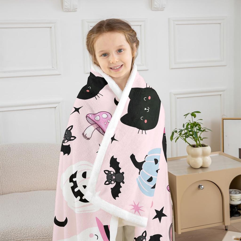 GUOYU Blanket Pink Halloween Fleece Blanket Baby Cartoon Cute Halloween Decorations Sherpa Blanket Pumpkin Ghost Witch Hats Fuzzy Plush Throw