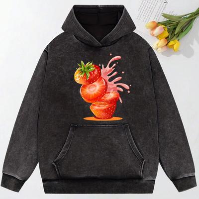 Kreative Erdbeersaft-Prints Gewaschener Hoodie Y2K Paar Street-Hoodie Vintage Übergroße Kleidung Sweatshirt