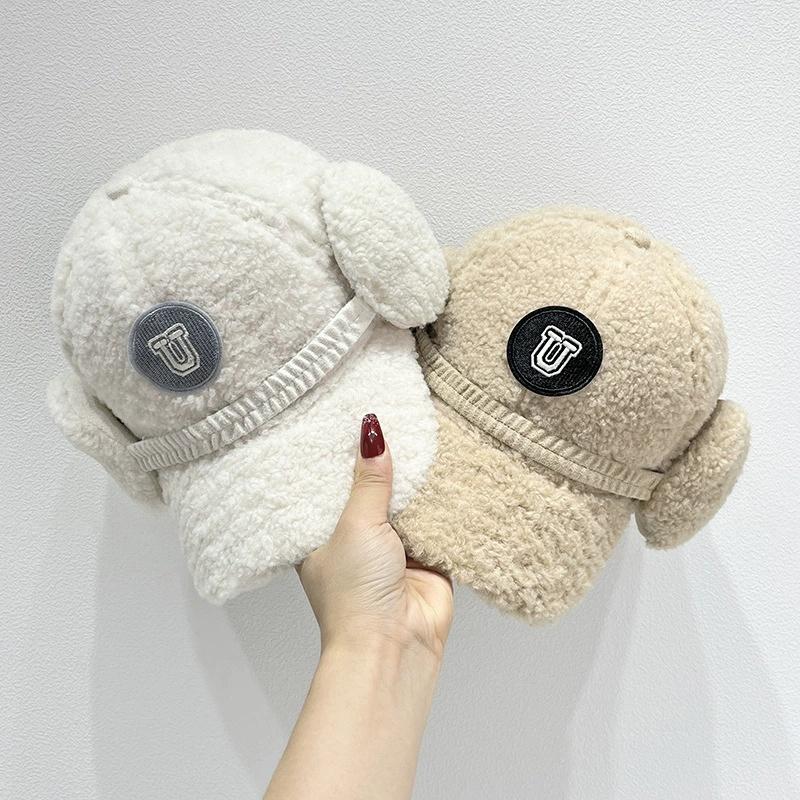 Imitation Lamb Wool Baseball Cap Girls Winter Thickened Warm Ear Protection Hat Versatile Letter Soft Plush Caps Solid Color