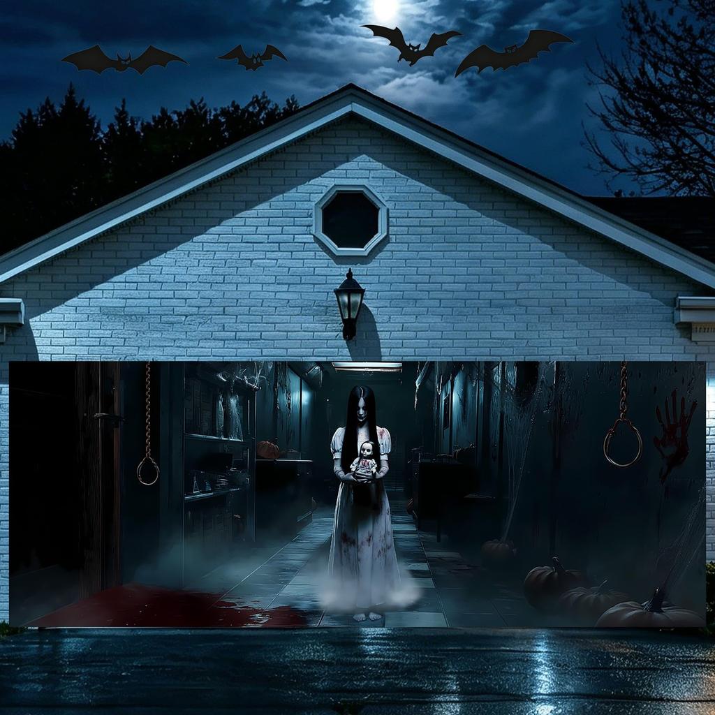Halloween Garage Door Cover 13x6 ft Scary Haunted House Backdrop