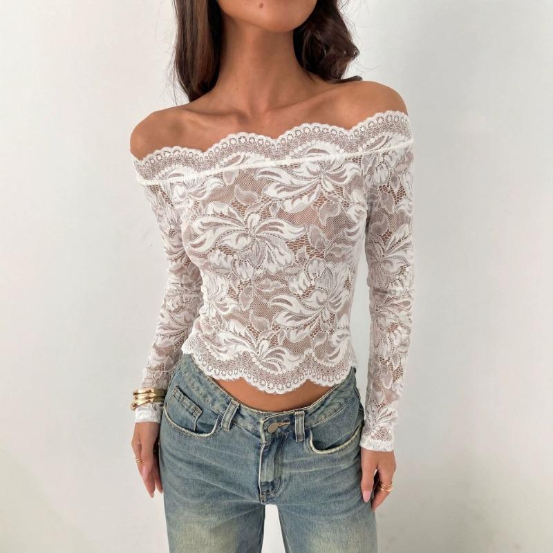 Women S Elegant Lace Long Sleeve Slim Fit Off Shoulder Top