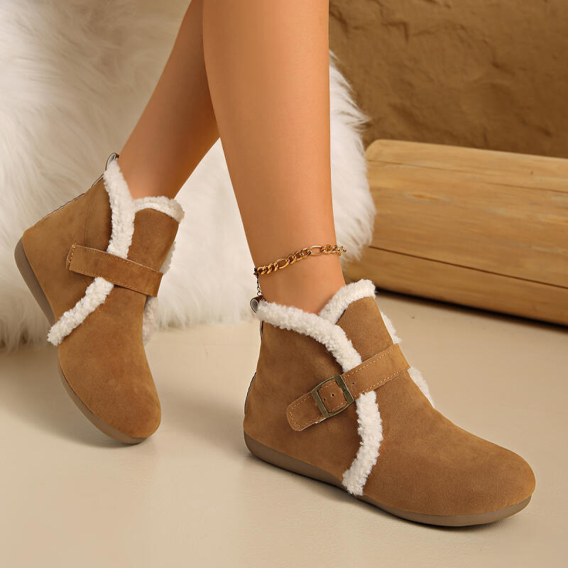 Fashion Warm Short Plush Suede Snow Boots Women 2025 Winter Metal Buckle Fluffy Fur Ankle Boots Furry Flat Heel Casual Shoes Plus Size