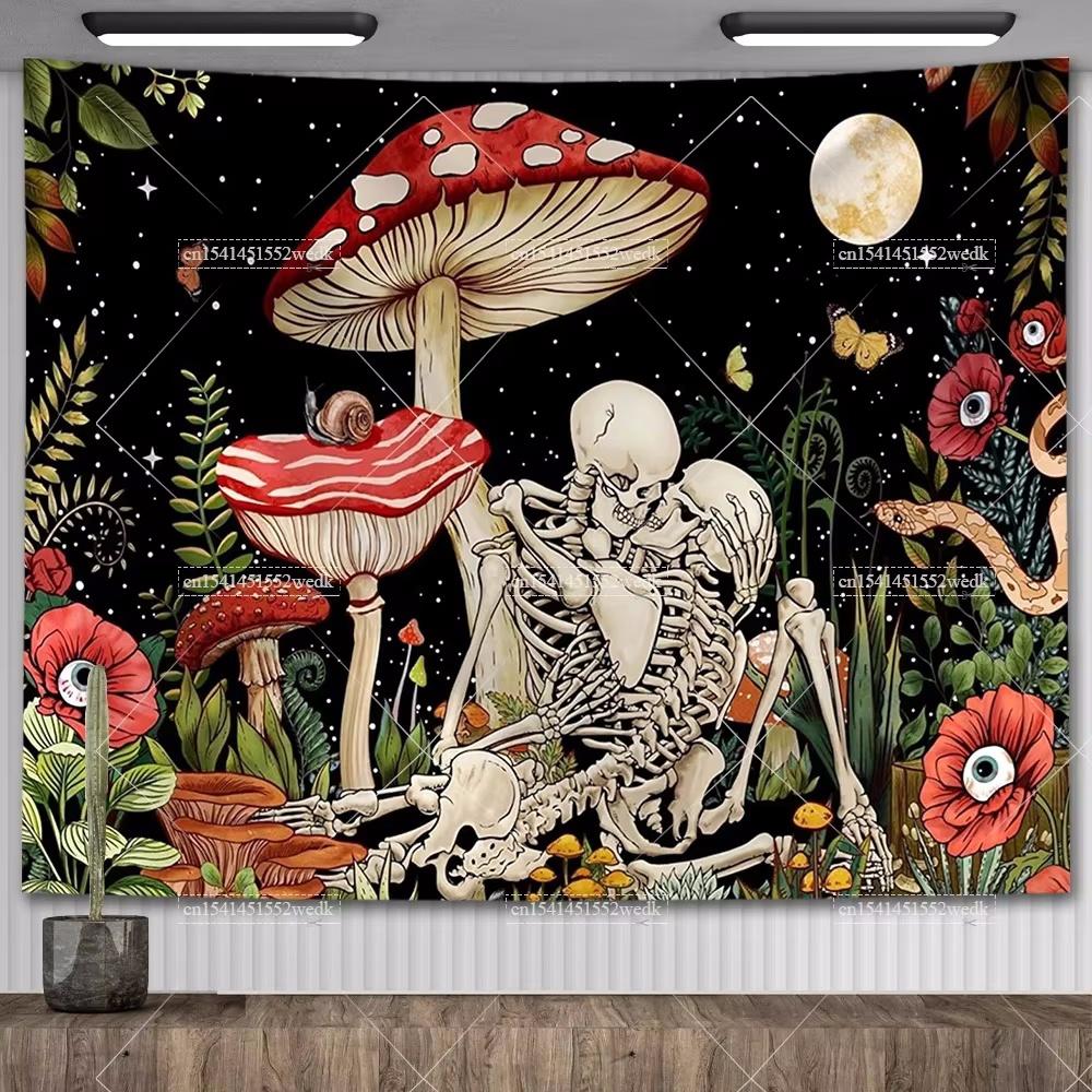 Totenkopf Blumen Wandteppich Pilz Skelett Goth Wandteppich Ästhetische Raumdeko Motte Mond und Sterne Wandteppich Heimdekoration