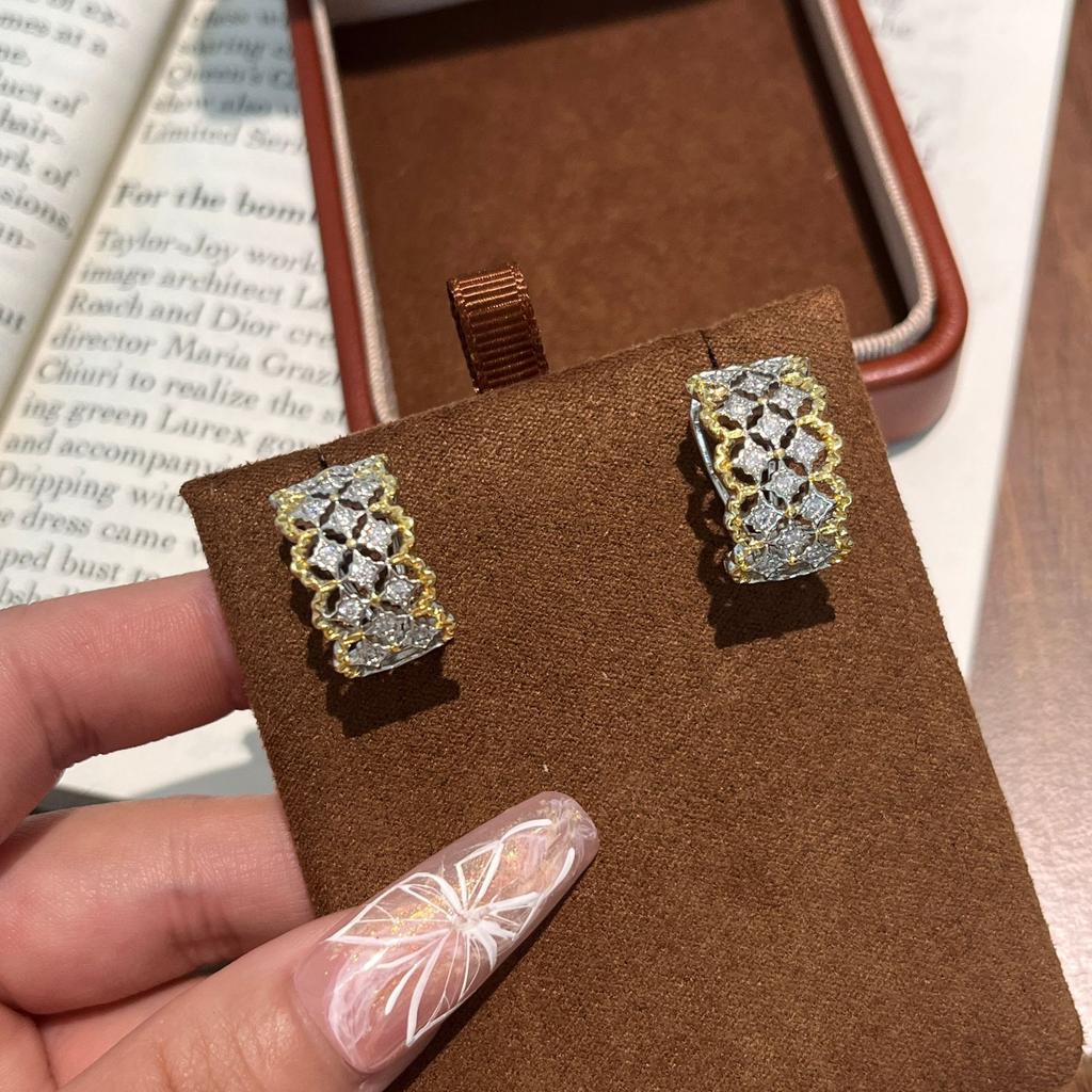 Italian Retro Cloth Style Full Diamond Hollow Bracelet Ring Earrings Premium Light Luxury Old Money Style Set