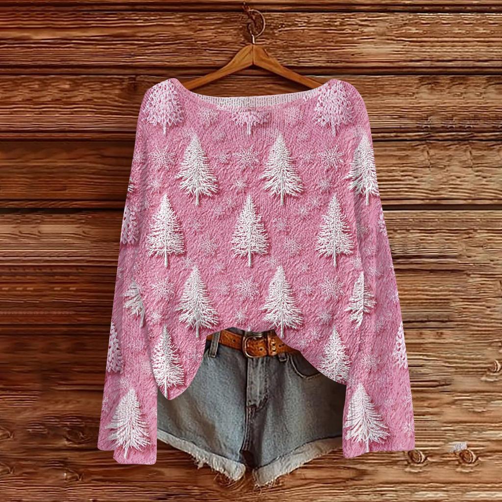 Women's Round Neck Lightweight Sweater Casual Long Sleeve Christmas Print Knit Pullover.