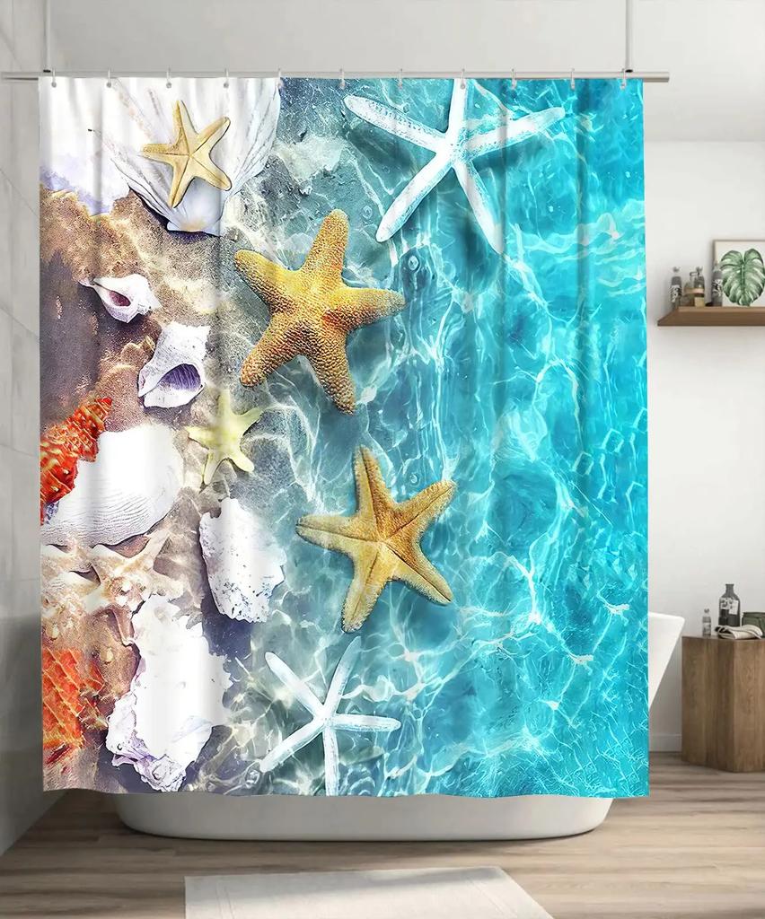 Starfish Beach Shower Curtains 3D Seashell Ocean Theme Waterproof Polyester Fabric Bathroom Decor with Hooks Bathtub Curtains