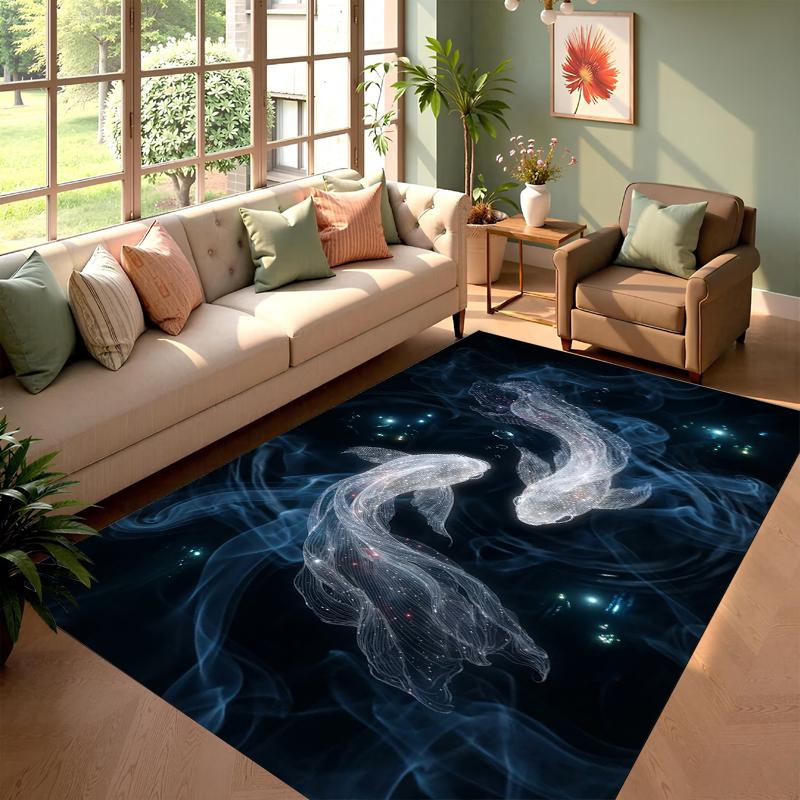 Galaxy Koi Fish Rectangular Carpet Mysterious Starry Sky Marine Pattern Decorative Floor Mat for Living Room Bedroom Home Decor