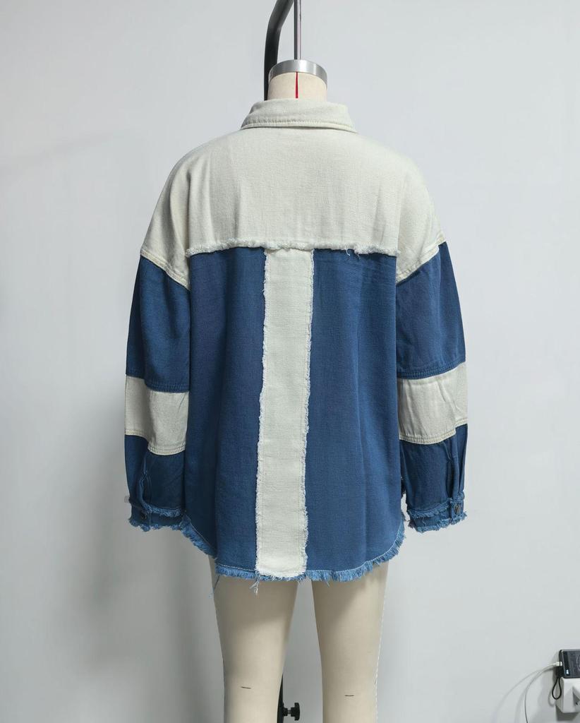 2026 Spring/Summer Women's Distressed Color Block Denim Jacket with Frayed Edges