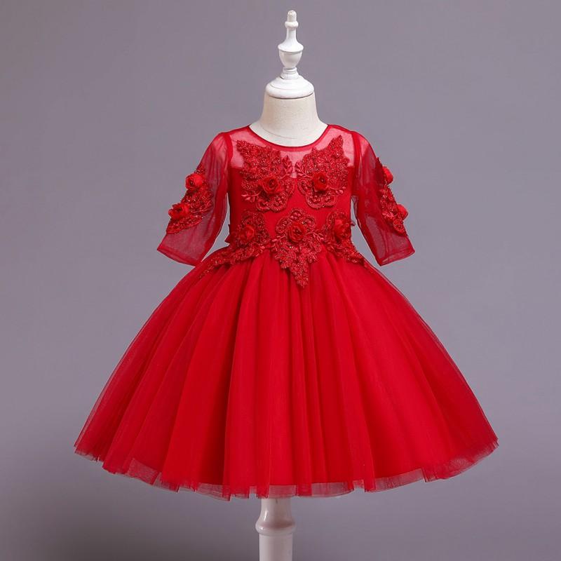 Girls Party Dress Short Sleeve Lace Trim Princess Gown Kids 3-8 Years