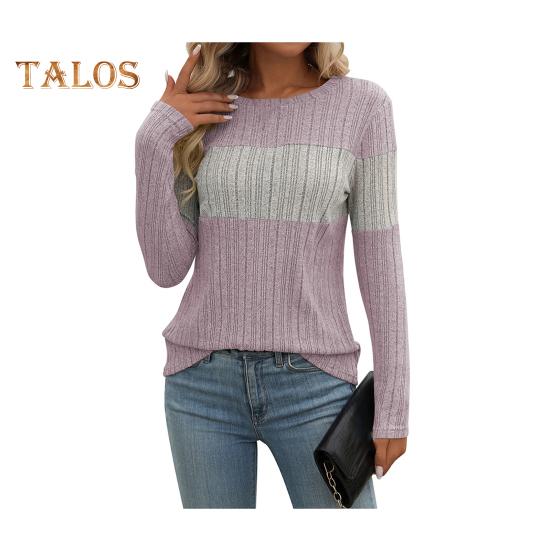 Dámské topy s kulatým výstřihem, dlouhým rukávem, barevný blok, žebrované pletací topy, volný střih, ležérní, svetrové topy, denní nošení