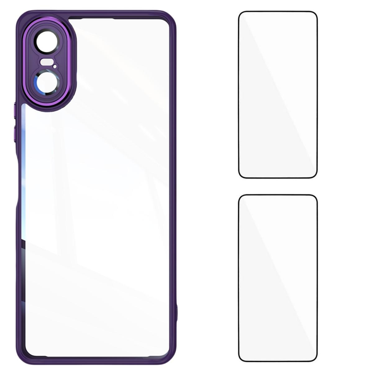 

For Sony Xperia 10 VI TPU Case WANLONFENG Drop-proof Clear Phone Cover with 2Pcs Tempered Glass Film Dark Purple