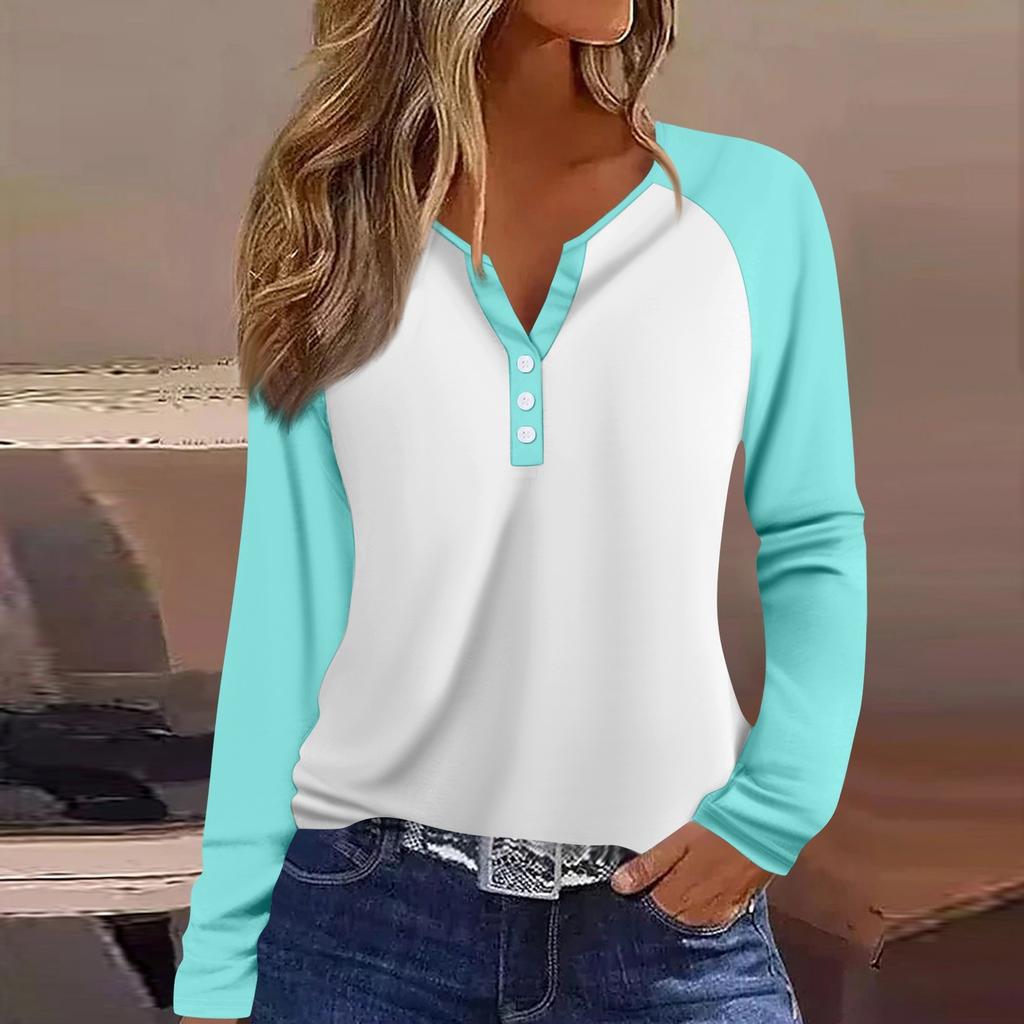 Women's T Shirt Color Block Button Long Sleeve Daily Weekend Fashion Basic V- Neck Regular Top