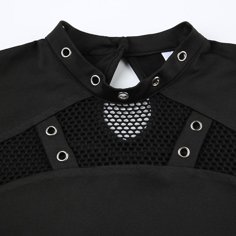 Y2K Women's Dark Punk Mesh Patchwork Slim Fit Long Sleeve Top