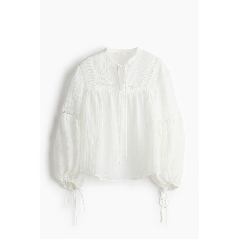 

HM Women s Shirt Fall 2025 New Arrival Lace Relaxed Linen Blended Bishop Sleeves Top 1266587 White 165/96