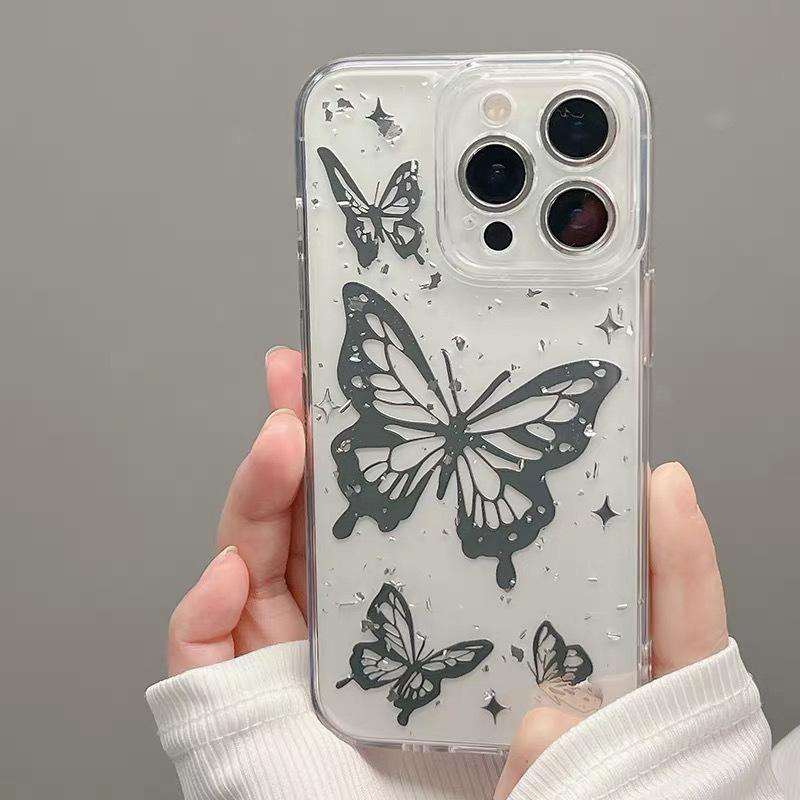 Electroplated Butterfly 17 Mobile Phone Case For Iphone16Promax Fine Hole Lens All-Inclusive Apple 15 Silver Foil Transparent