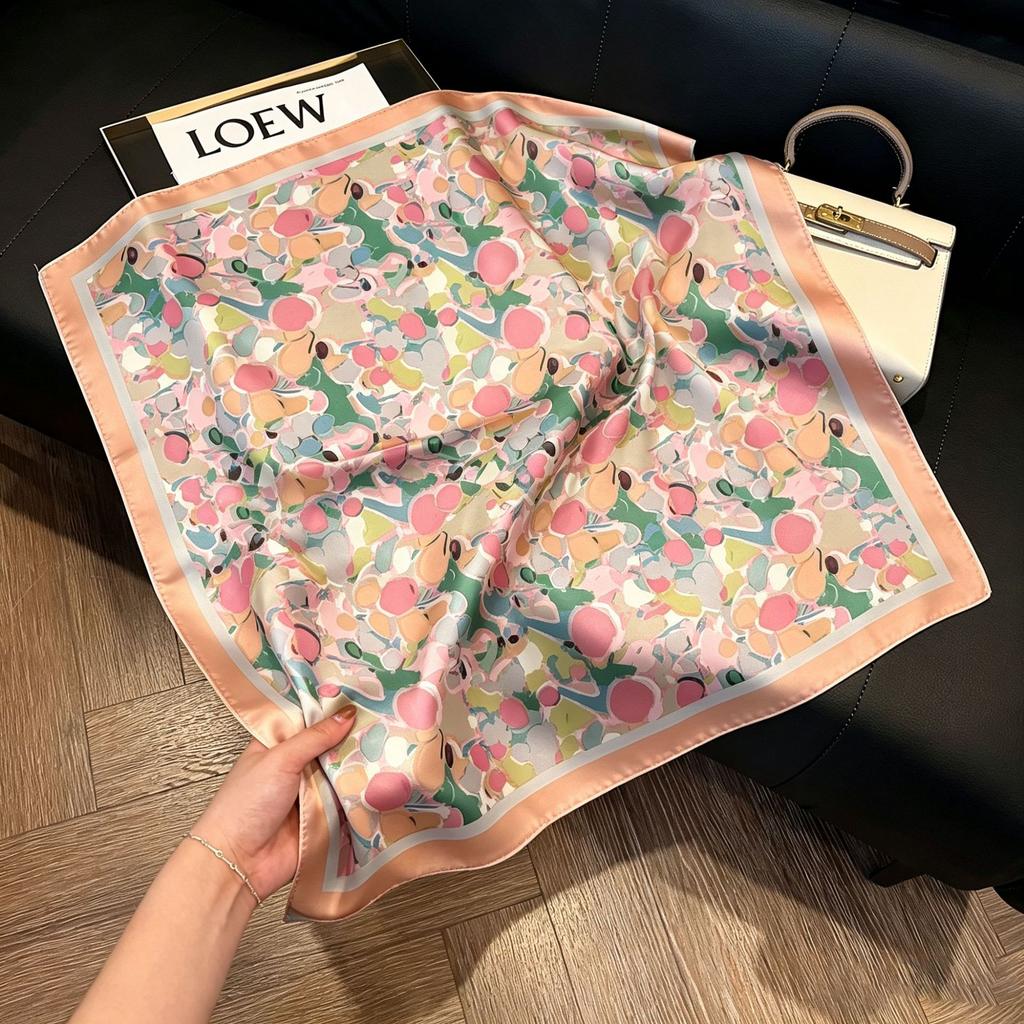 71Cm New Chinese Simulation Silk Square Scarf Soft and Skin-friendly Ink Flower Rhyme Printing Silk Scarf Neck Sunscreen Small Scarf
