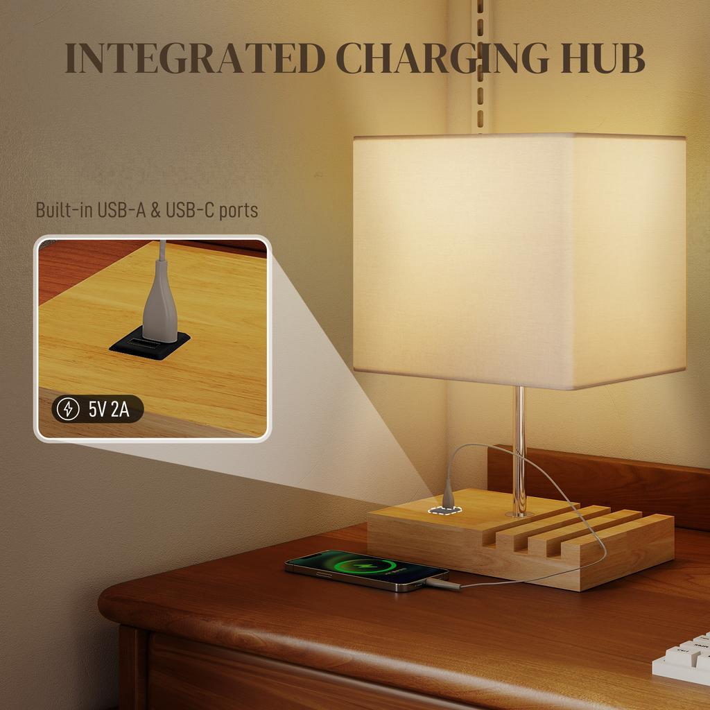 Bedside Lamp with USB A+C Charging Ports and 3 Phone Stands, Modern Table Lamp with Solid Wood Base and Fabric Shade for Bedroom Living Room Office