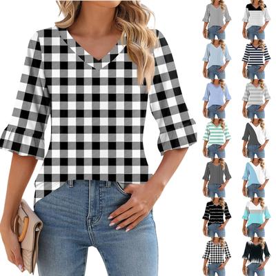 Women's Casual 3/4 Sleeve Top Summer V-neck Puffy Sleeve T-shirt Top