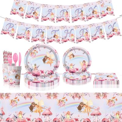 Blumenfee Partyzubehör Elfenprinzessin Geburtstagsarrangement Dekorative Pappteller Pappbecher Tischdecke Banner Kuchenflagge