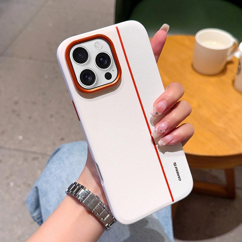 For iPhone 16 Pro Case Splicing PC+PU Leather Phone Back Cover with Metal Lens Ring/Buttons