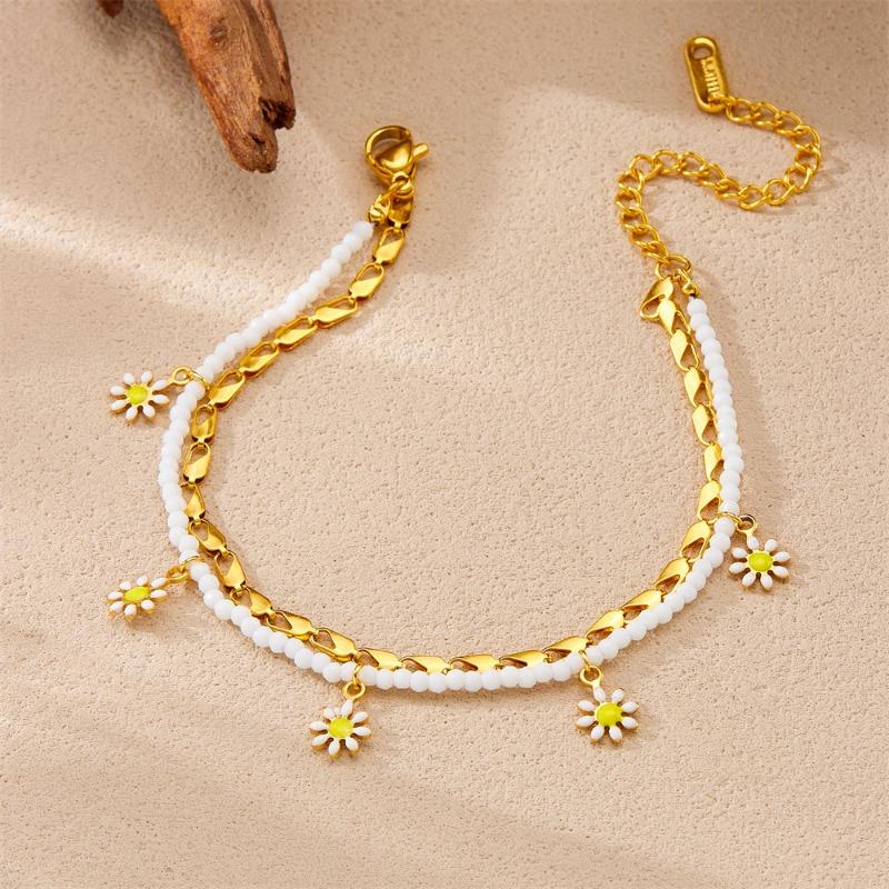 Gold Plated Layered Daisy Anklet, Dainty Paperclip Chain with White Beads & Enamel Daisy Charms, Cute Summer Foot Jewelry for Women Gift