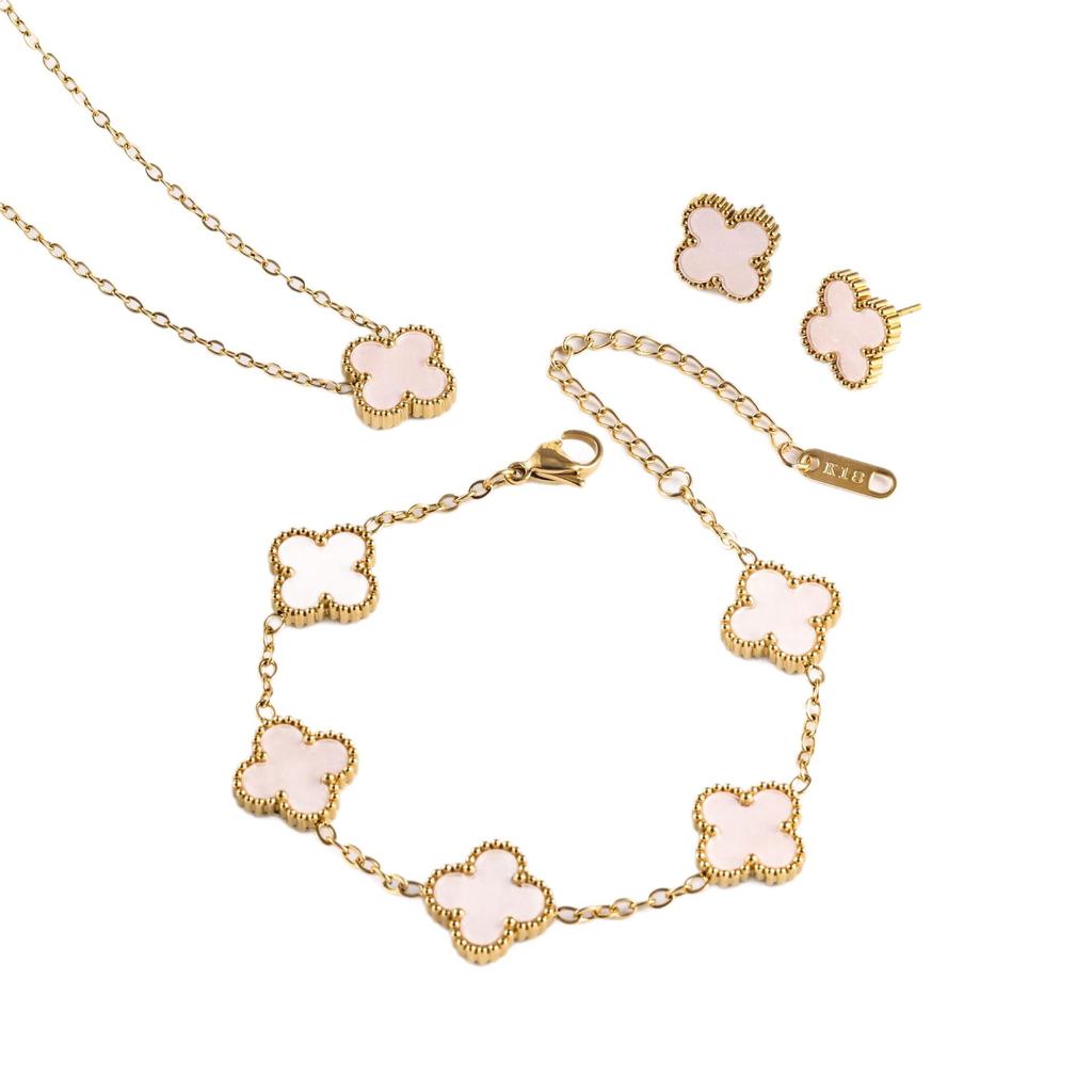 3PCS Four Leaf Clover Non fading Light Luxury Necklace Bracelet Earnail Set 13MM