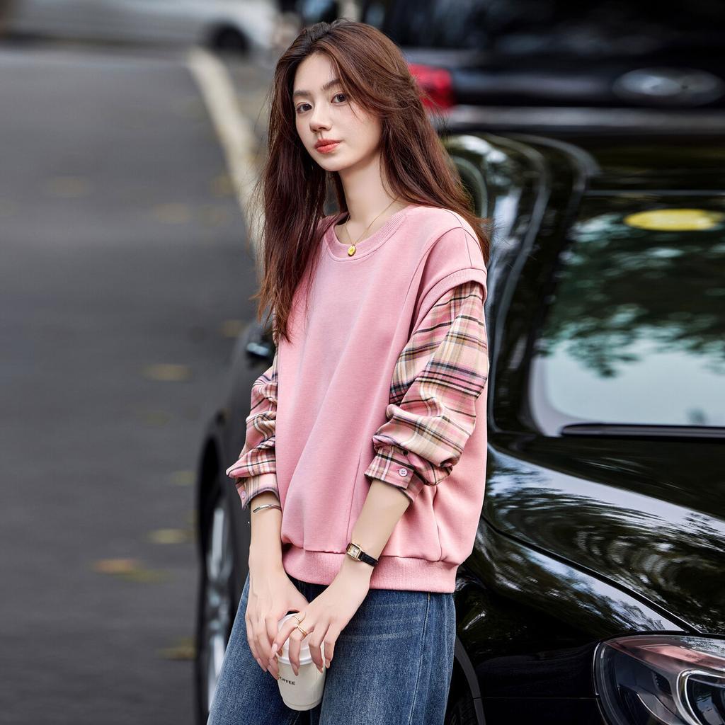 Autumn Round Neck Loose Versatile Pullover Korean Version Fake Two-piece Casual Contrasting Plaid Sweatshirt