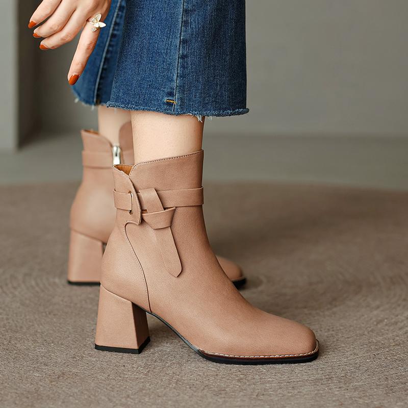 2024 Autumn/winter Women Boots Square Toe Chunky Heel Shoes Split Leather Short Boots for Women Side Zip High Heel Retro Boots