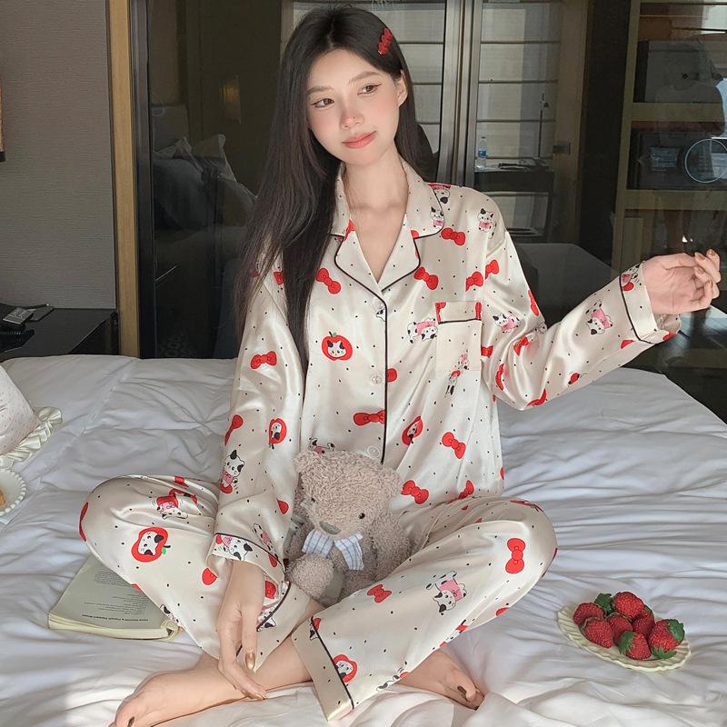 French Cute Cat Ice Silk Pajamas Women'S Spring And Autumn Sweet Wind Cool Long-Sleeved Loungewear Suit Can Be Worn Outside
