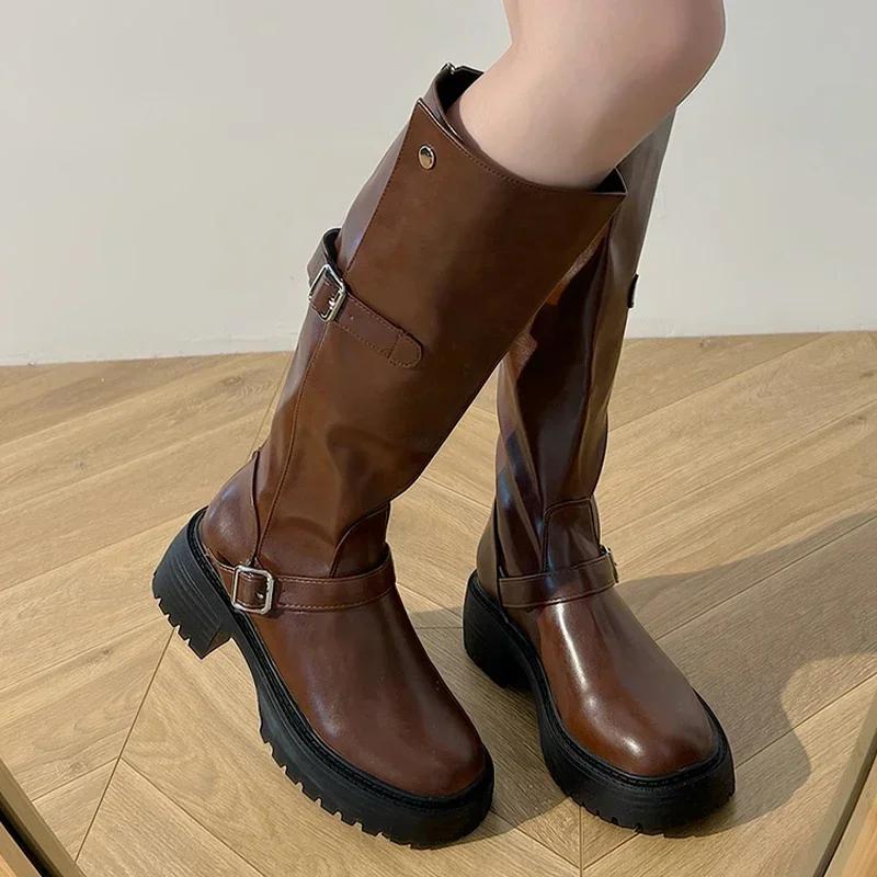 

Women Knee High Motorcycle Boots Platform Mid Heels Shoes 2024 Winter Fashion New Walking Goth Boots Trend Dress Mujer Zapatos 39 коричневый