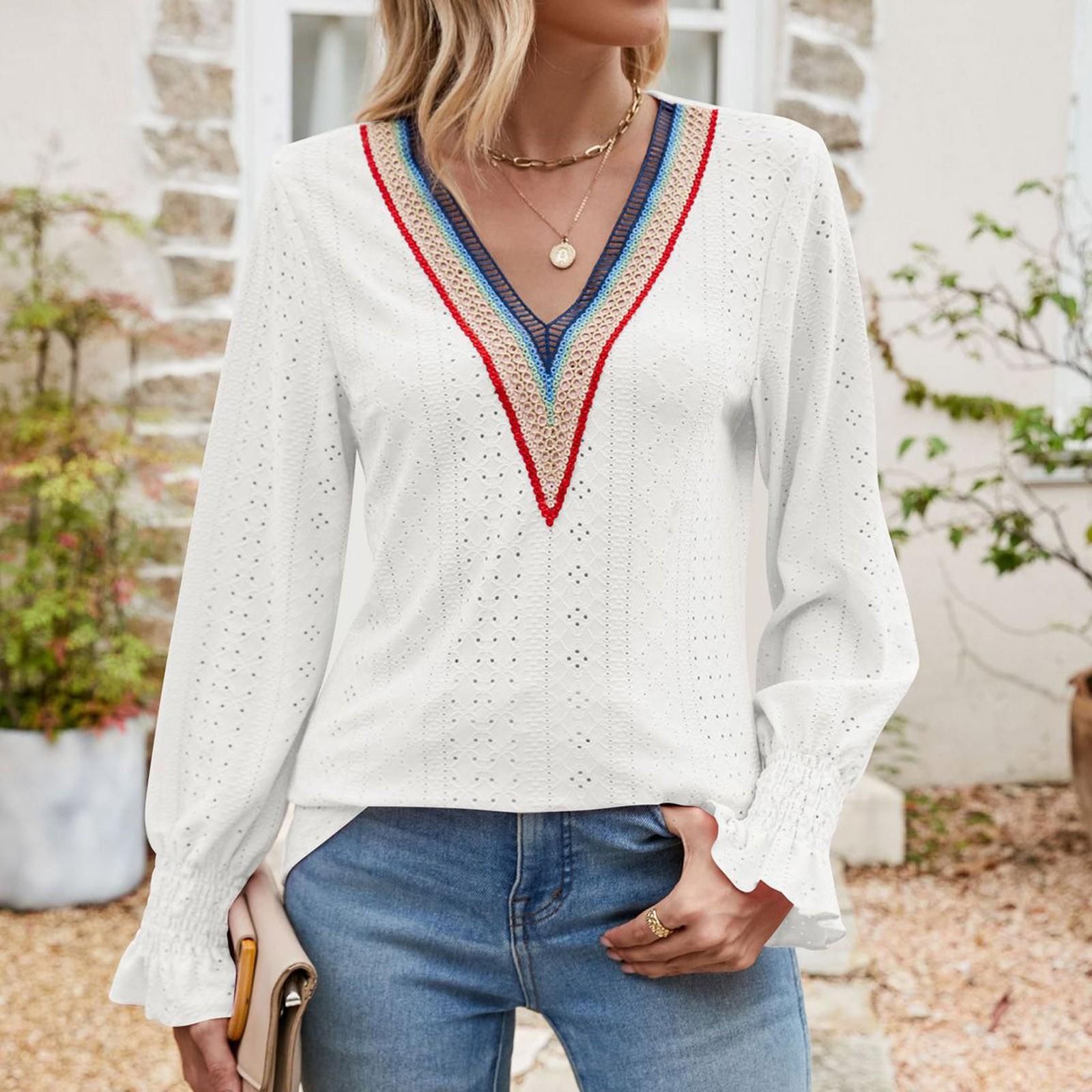 

Женский однотонный топ-футболка с длинными рукавами и V-образным вырезом, свободного кроя, с кружевной отделкой XXL белый