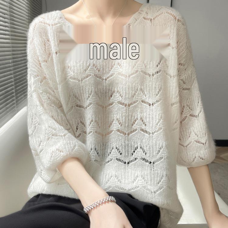 Women's Cashmere Round Neck Crochet Knit Sweater - Loose, Short-Sleeve, Hollow Design.