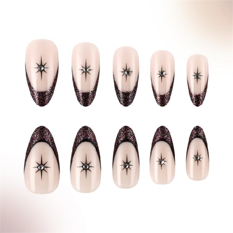 24pcs Short Almond Press On Nail Artificial Nail Glitters Star Designs French Tip Stick on Nail for a Stylish Look
