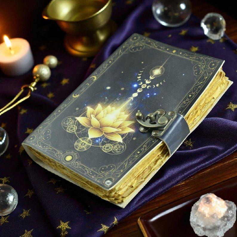 Golden Lotus Leather Journal: Handmade Book of Shadows, Witchy Grimoire