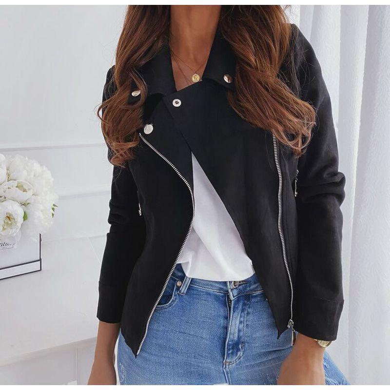 

2023 Мода Новое поступление Приталенная куртка с короткими лацканами на молнии Замшевый короткий плащ для женщин Black L