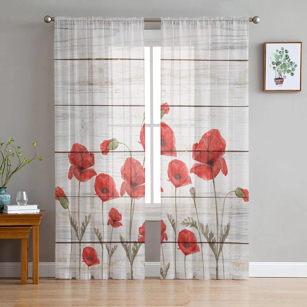 Ungdomssoverom Skjære Gardiner Retro Trefiber Røde Valmuer Kjøkken Arbeidsrom Gardiner Stue Høytidsdekor Tyllgardiner