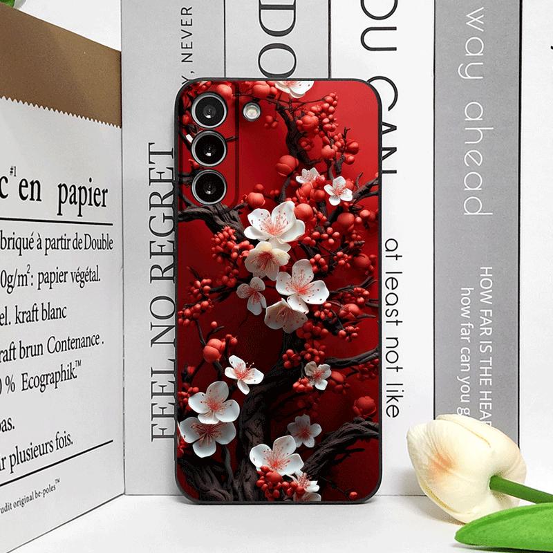 Retro Artistic Red Flower Plum Blossom Pattern Phone Case for Samsung Galaxy S25 S24+ S23 Ultra S22 Plus S21 FE M53 Soft Covers
