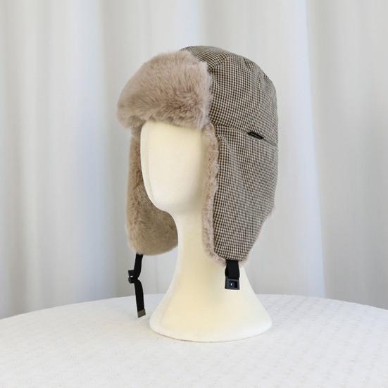 Lei Feng Hat Plaid Print Velvet Lining Buckle Closure Ear Protection Hat Windproof Cold Weather Outdoor Hat