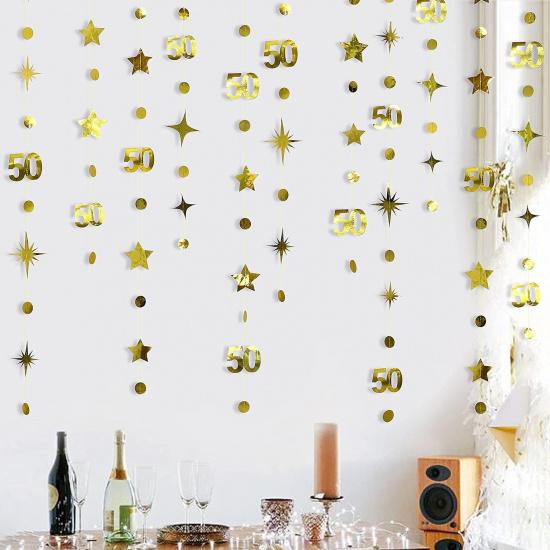 Gold 50th Birthday Decorations Number 50 Circle Dot Twinkle Star Garland Metallic Hanging Streamer Bunting Banner Backdrop for 50 Year Old Birthday