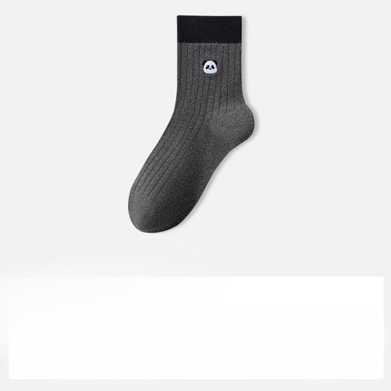 Sock Pure Cotton Mid-Calf Socks Anti-Bacterial Anti-Turning Balls Cute Embroidered Panda Autumn-Winter