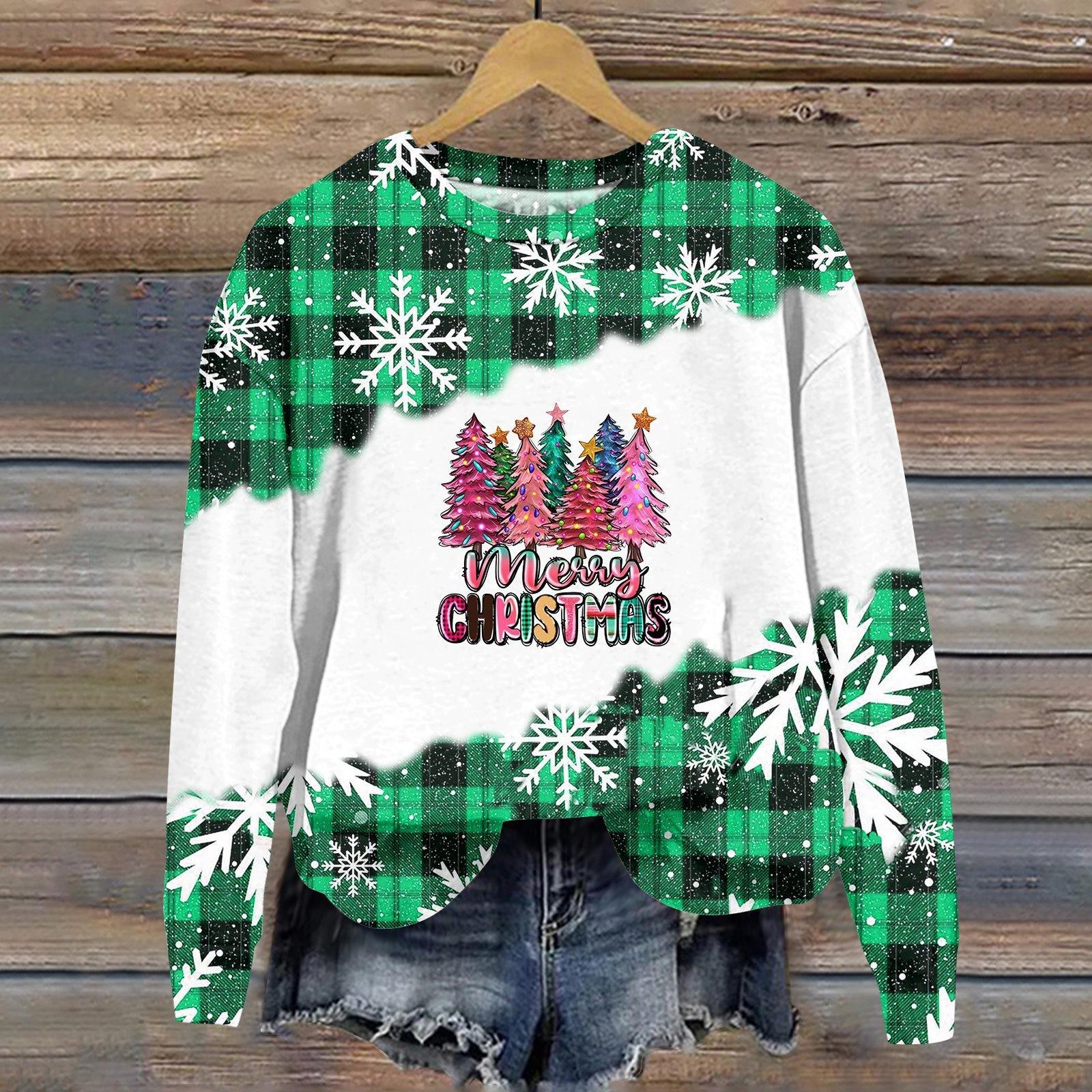 

Женская мода рождественский принт длинный рукав свободный круглый вырез толстовка топ осень S