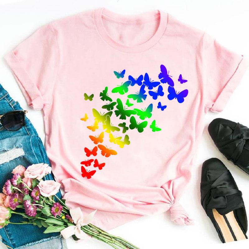 Fashionable Plus Size Color Butterfly Print Simple Base Shirt Loose Fitting Clothes Pure Cotton T-Shirts Women’s